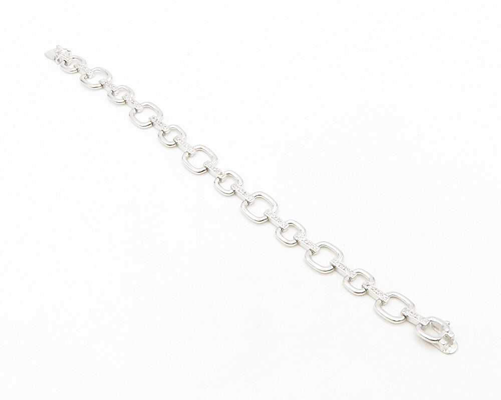 925 Sterling Silver  Shiny White Topaz Open Square Link Chain Bracelet  BT4986