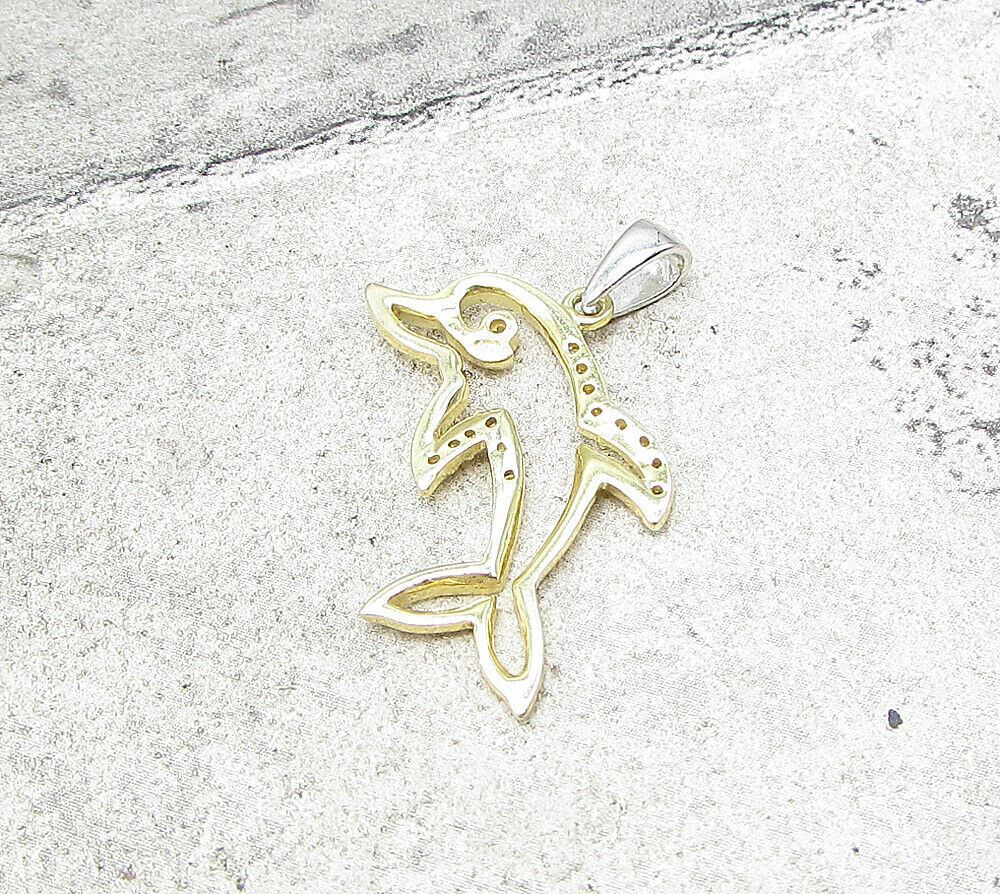 Gold Over 925 Sterling Silver Cubic Zirconia Dolphin Drop Pendant PT1362