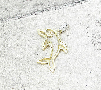 Gold Over 925 Sterling Silver Cubic Zirconia Dolphin Drop Pendant PT1362