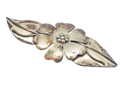 925 Sterling Silver  Vintage Designer Beaded Flower & Leaf Brooch Pin  BP10421