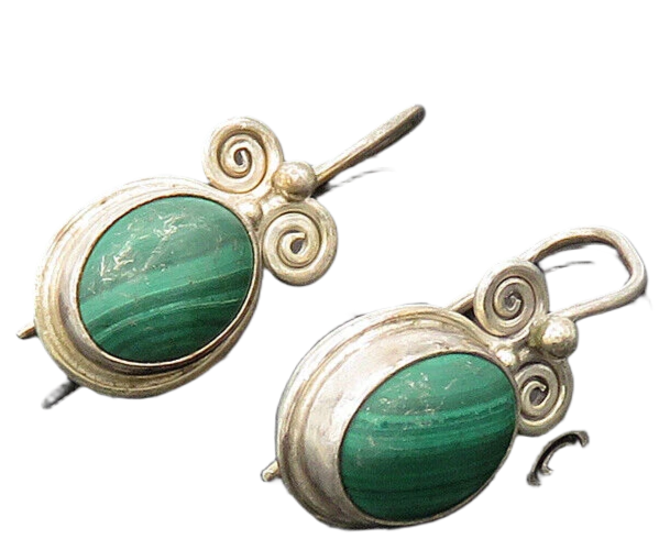 SAJEN 925 Silver  Vintage Cabochon Malachite Swirl Drop Earrings  EG10056