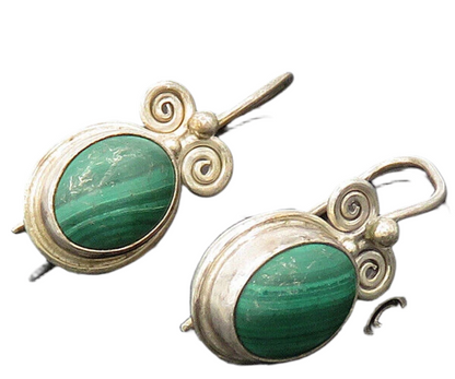 SAJEN 925 Silver  Vintage Cabochon Malachite Swirl Drop Earrings  EG10056