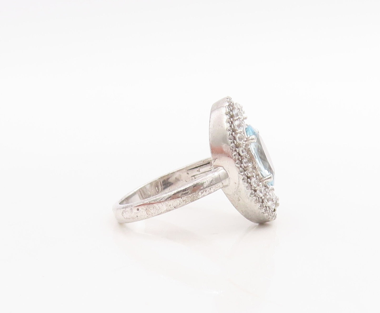 925 Sterling Silver Vintage Ring Oval Blue Halo White Topaz Inlay Sz 8.5 RG30529