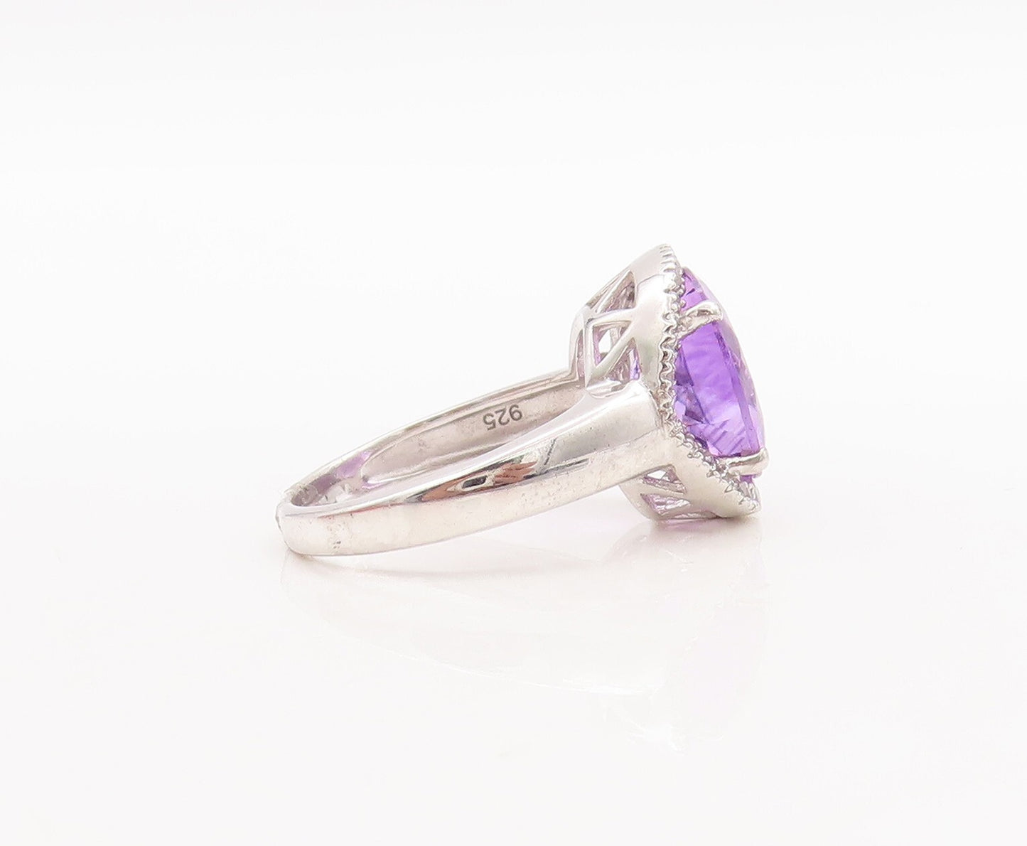 925 Sterling Silver Vintage Ring Round Cut Amethyst Halo CZ  Sz 7.5  RG29571