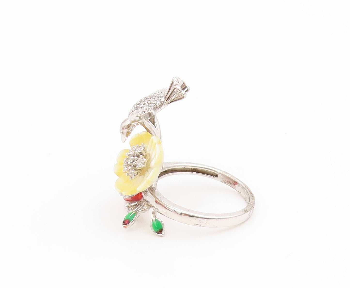 925 Sterling Silver Vintage Ring Round CZ Hummingbird Floral Band  Sz 7  RG34526