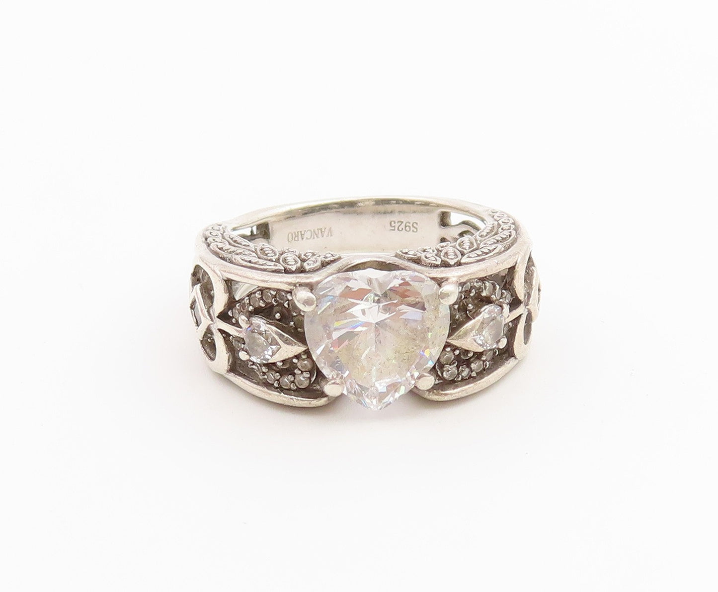 925 Sterling Silver Vintage Ring VANCARO CZ Love Heart Openwork  Sz 7  RG36672