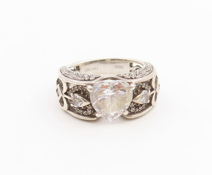 925 Sterling Silver Vintage Ring VANCARO CZ Love Heart Openwork  Sz 7  RG36672