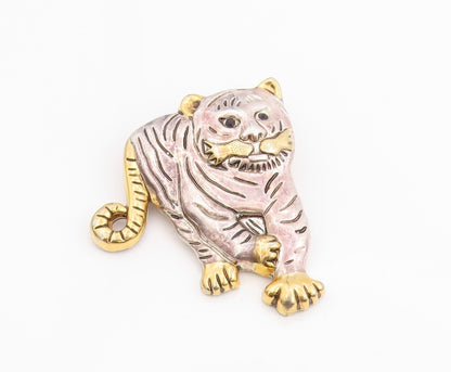 925 Sterling Silver Vintage Brooch Etched Two Tone Roaring Tiger Pin  BP11991