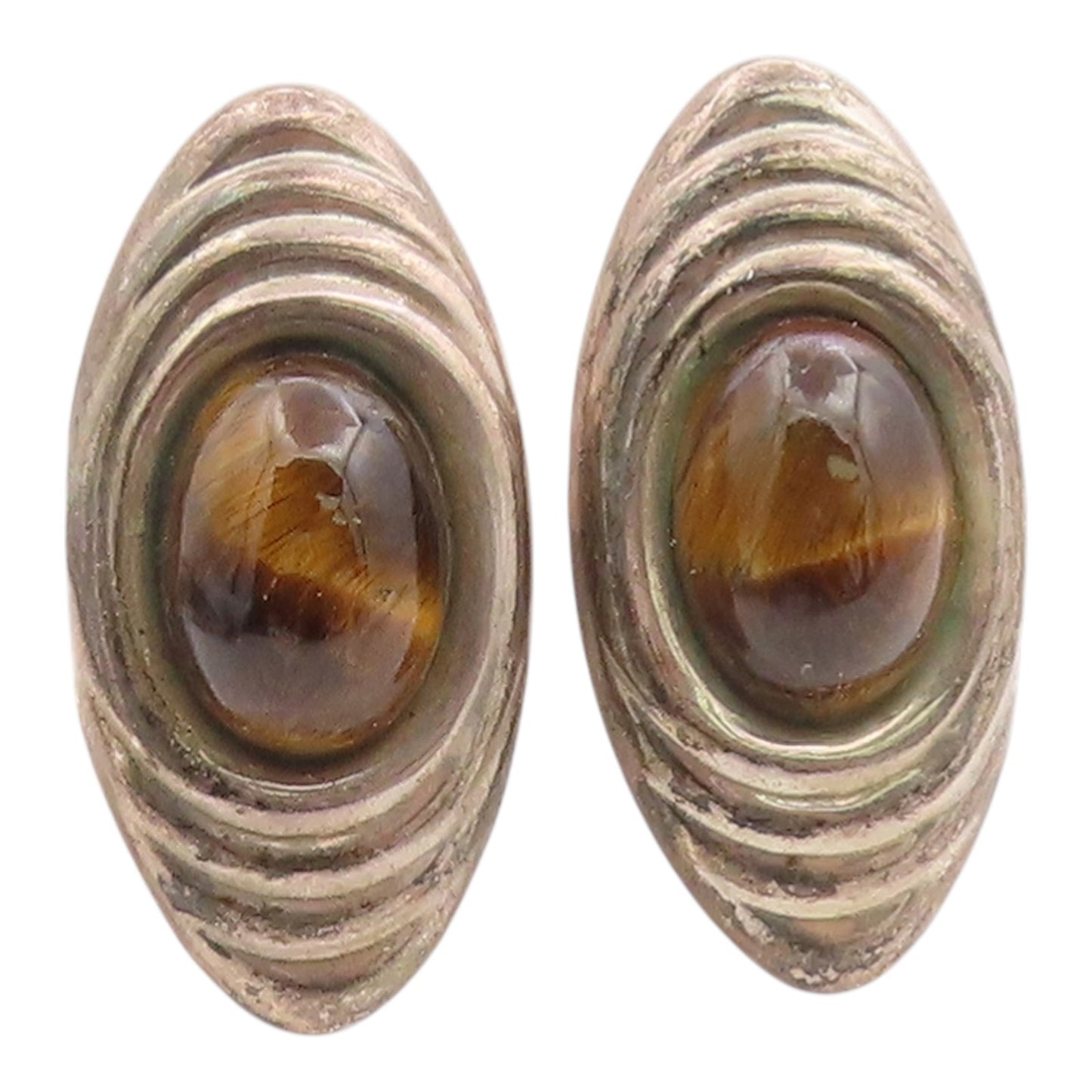 925 Sterling Silver Vintage Earrings MEXICO Oval Cabochon Tiger's Eye  EG14359