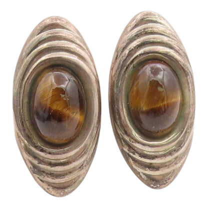 925 Sterling Silver Vintage Earrings MEXICO Oval Cabochon Tiger's Eye  EG14359