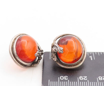 925 Sterling Silver Vintage Earrings Designer Floral Cabochon Amber  EG13288