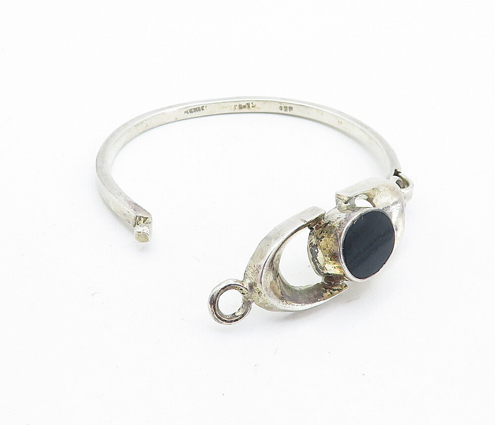 MEXICO 925 Sterling Silver  Vintage Black Onyx Hook Bangle Bracelet  BT2754
