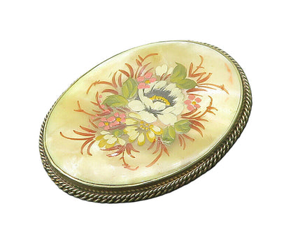 925 Sterling Silver  Vintage Mother Of Pearl Floral Art Brooch Pin  BP7674