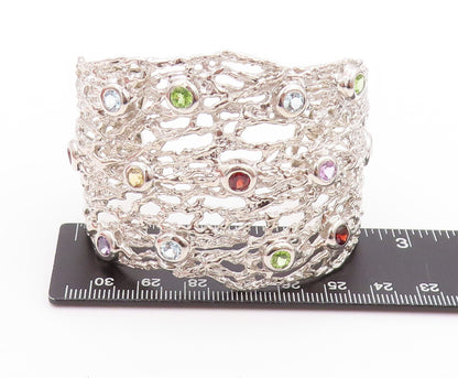925 Sterling Silver Vintage Bracelet Brutalist Cut Gemstone Broad Cuff  BT11230