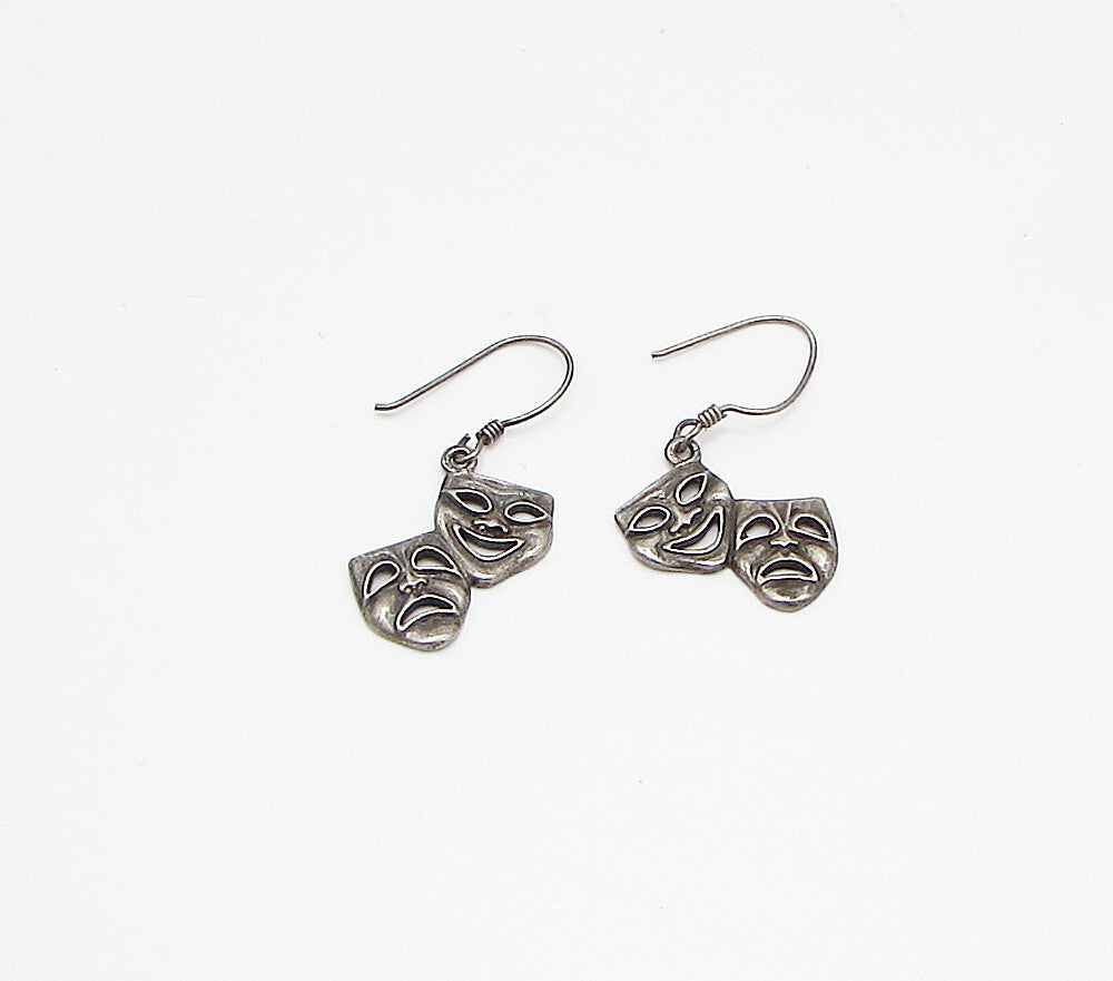 925 Sterling Silver  Vintage Happy & Sad Face Mask Dangle Earrings  EG1932