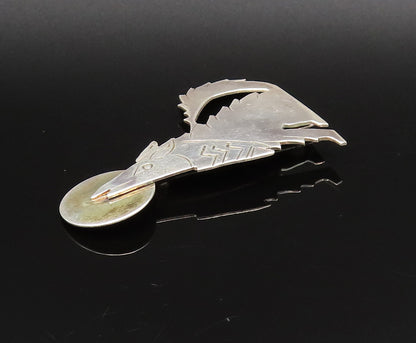 SOUTHWESTERN 925 Silver Vintage Two Tone Wolf & Full Moon Brooch Pin BP9995