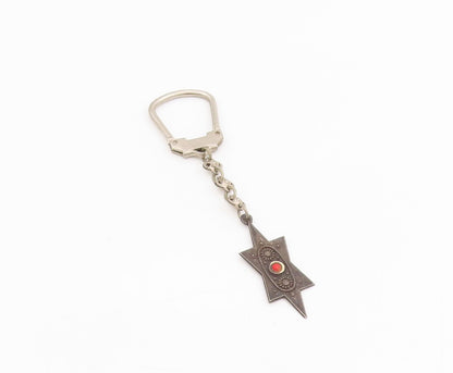 925 Sterling Silver Vintage Keychain ISRAEL Red Gemstone Celestial Star  TR4133