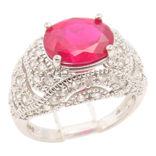 925 Sterling Silver Vintage Ring Oval Ruby & Topaz Statement Band  Sz 7  RG35866
