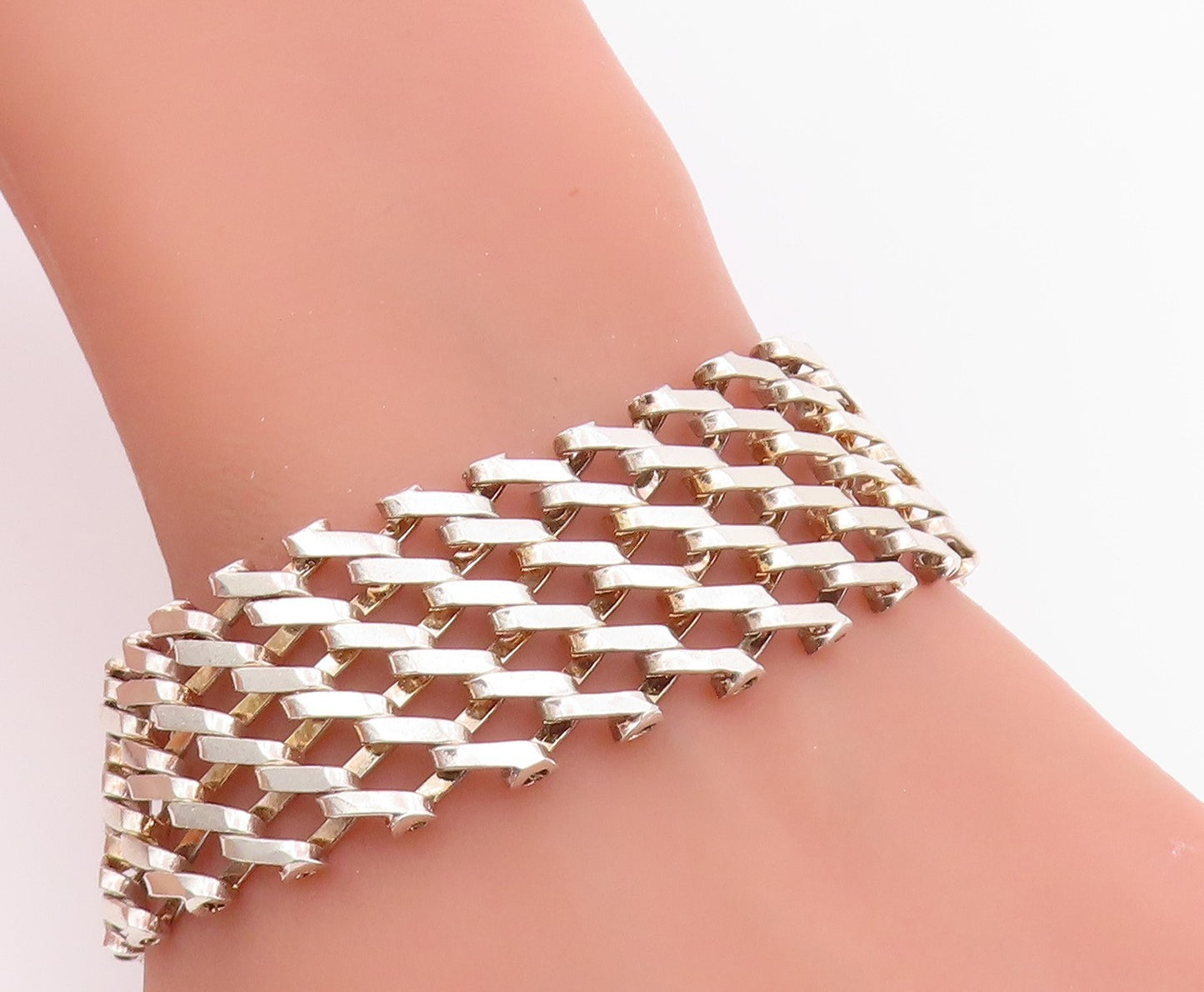 925 Sterling Silver Vintage Bracelet Flexible Geometric Lattice Grid  BT12206