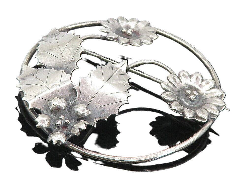 925 Sterling Silver  Vintage Shiny Oxidized Sun Flowers Brooch Pin  BP3072