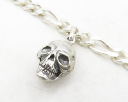 925 Sterling Silver  Vintage Shiny Skull Head Charmed Chain Bracelet  BT4150