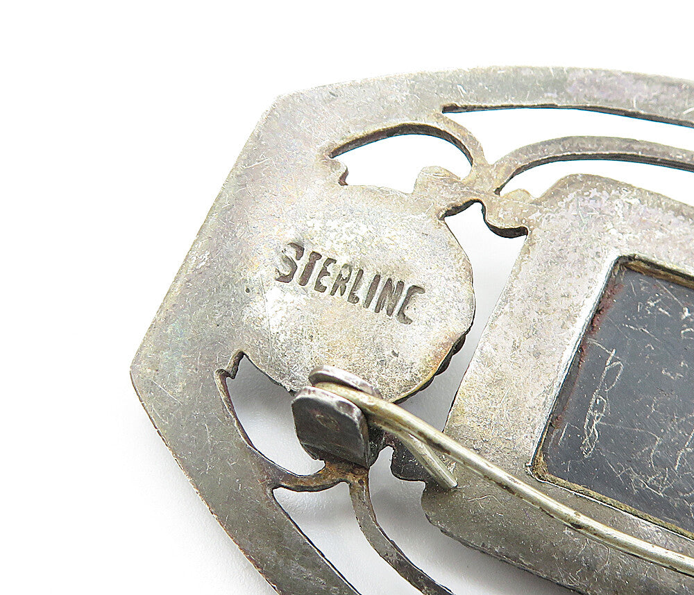 925 Sterling Silver  Vintage Black Hematite Oxidized Twist Brooch Pin  BP2593