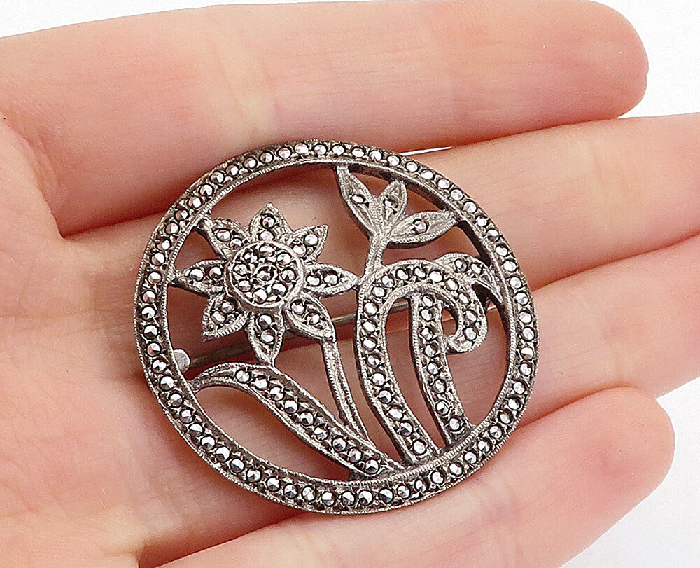 925 Sterling Silver  Vintage Sparkling Blooming Flowers Brooch Pin  BP2212