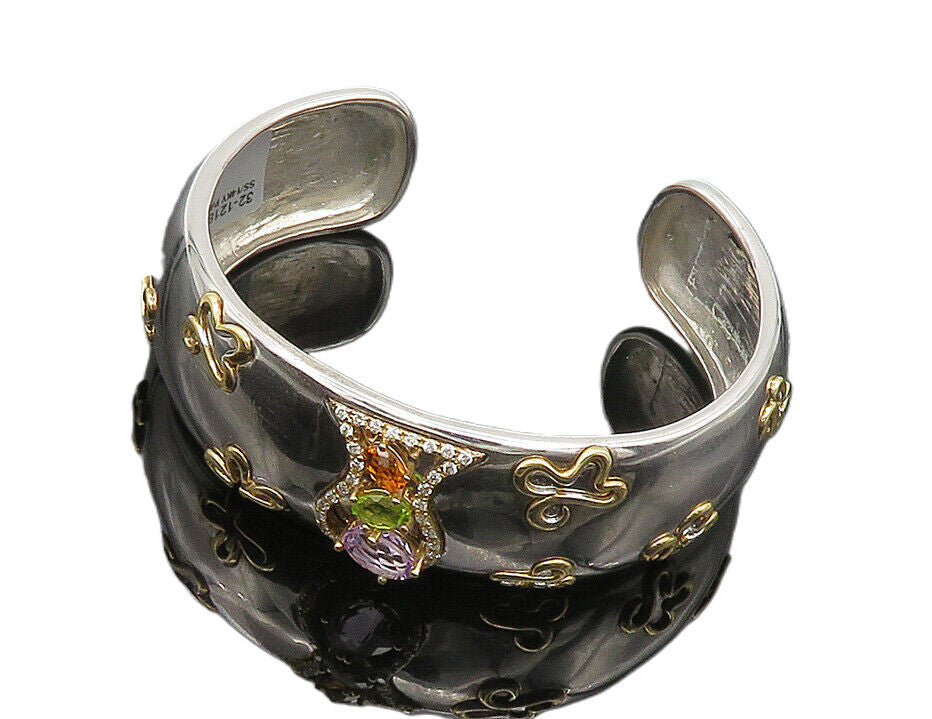 925 Silver & 14K GOLD  Vintage Genuine Diamonds & Citrine Cuff Bracelet BT8095