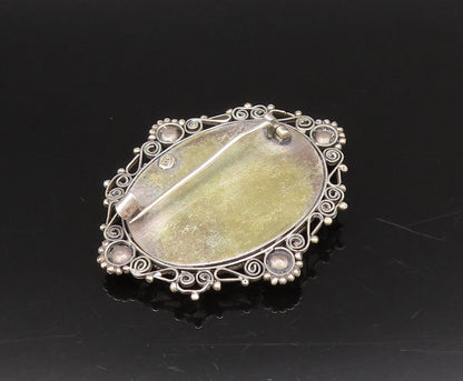 925 Sterling Silver Vintage Floral Enamel Art Beaded Border Brooch Pin BP10053