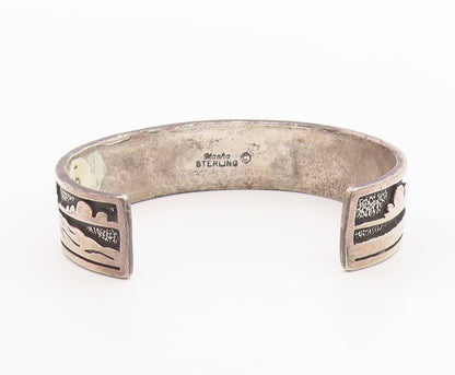 925 Sterling Silver Vintage Bracelet NAVAJO Village Life Carved Cuff  BT11342