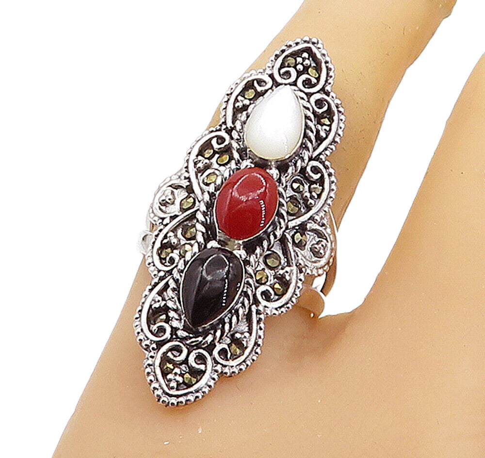 925 Silver  Victorian Mother Of Pearl Onyx & Coral Cocktail Ring Sz 7.5 RG7900