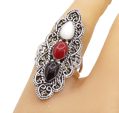 925 Silver  Victorian Mother Of Pearl Onyx & Coral Cocktail Ring Sz 7.5 RG7900