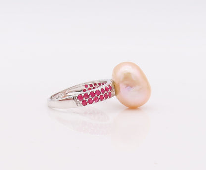 925 Sterling Silver Vintage Ring Amorphas Pearl Ruby Inlay Band  Sz 8  RG29914