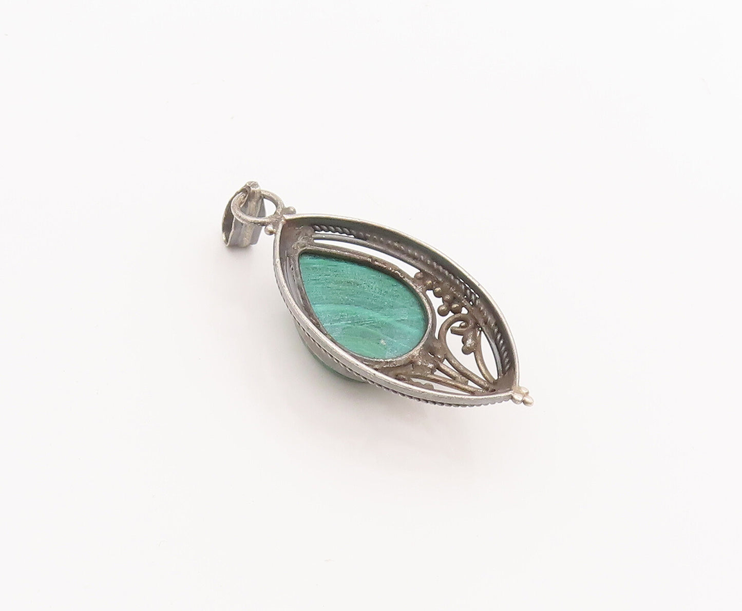 925 Sterling Silver Vintage Pendant Swirly Carved Drop Shape Malachite  PT22562