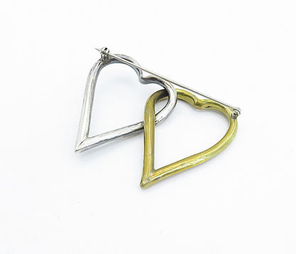 925 Sterling Silver  Vintage Shiny 2 Tone Open Love Hearts Brooch Pin  BP2245