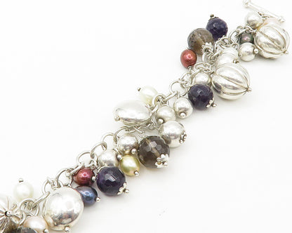 925 Silver  Vintage Shiny Pearls Hematite & Topaz Chain Bracelet  BT6905