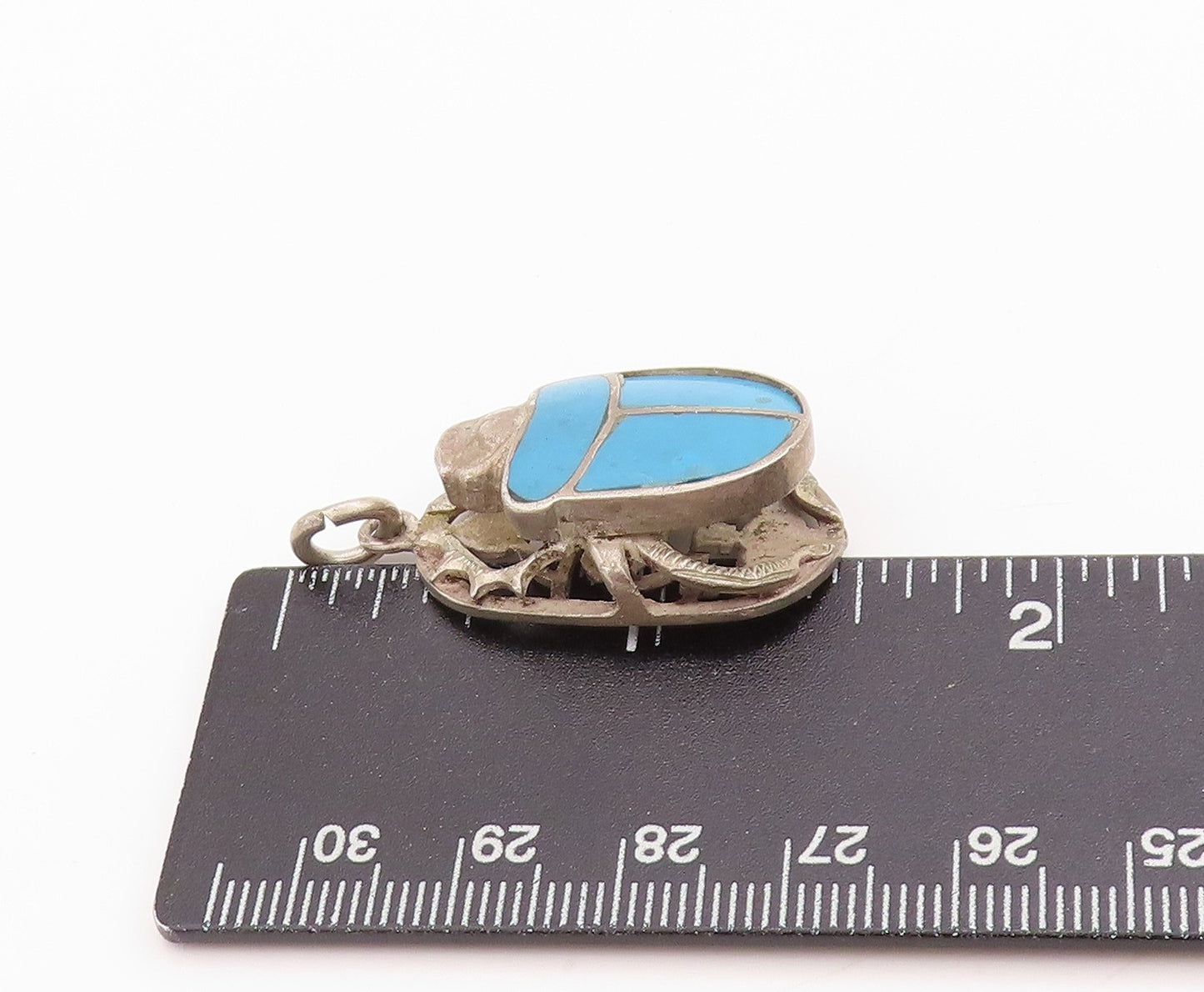 925 Sterling Silver Vintage Pendant Solid Carved Turquoise Scarab  PT24704