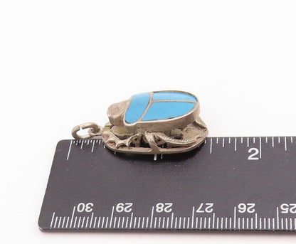 925 Sterling Silver Vintage Pendant Solid Carved Turquoise Scarab  PT24704