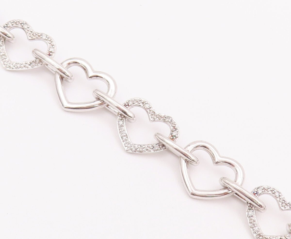 925 Sterling Silver Vintage Bracelet Cutout Real Diamonds Linked Hearts  BT10379