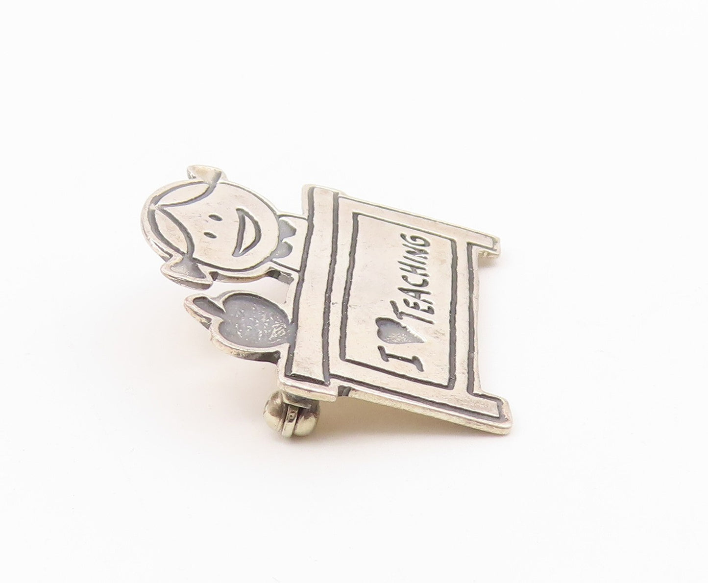 MEXICO 925 Sterling Silver  Vintage Oxidized I Love Teaching Brooch Pin BP4452