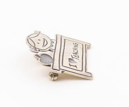 MEXICO 925 Sterling Silver  Vintage Oxidized I Love Teaching Brooch Pin BP4452