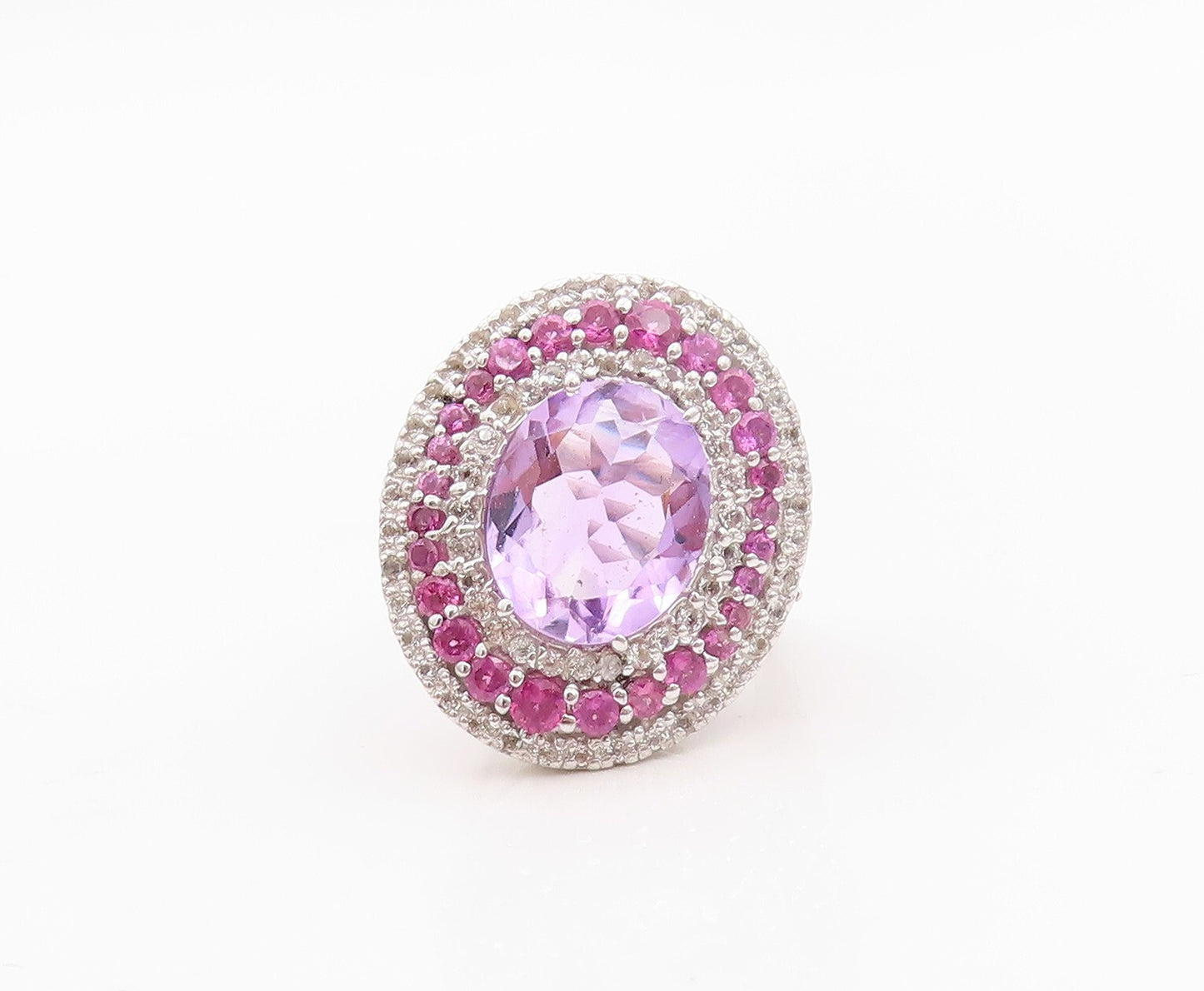 925 Sterling Silver Vintage Ring Oval Amethyst Halo 2 Tone CZ Bands Sz 7 RG30133