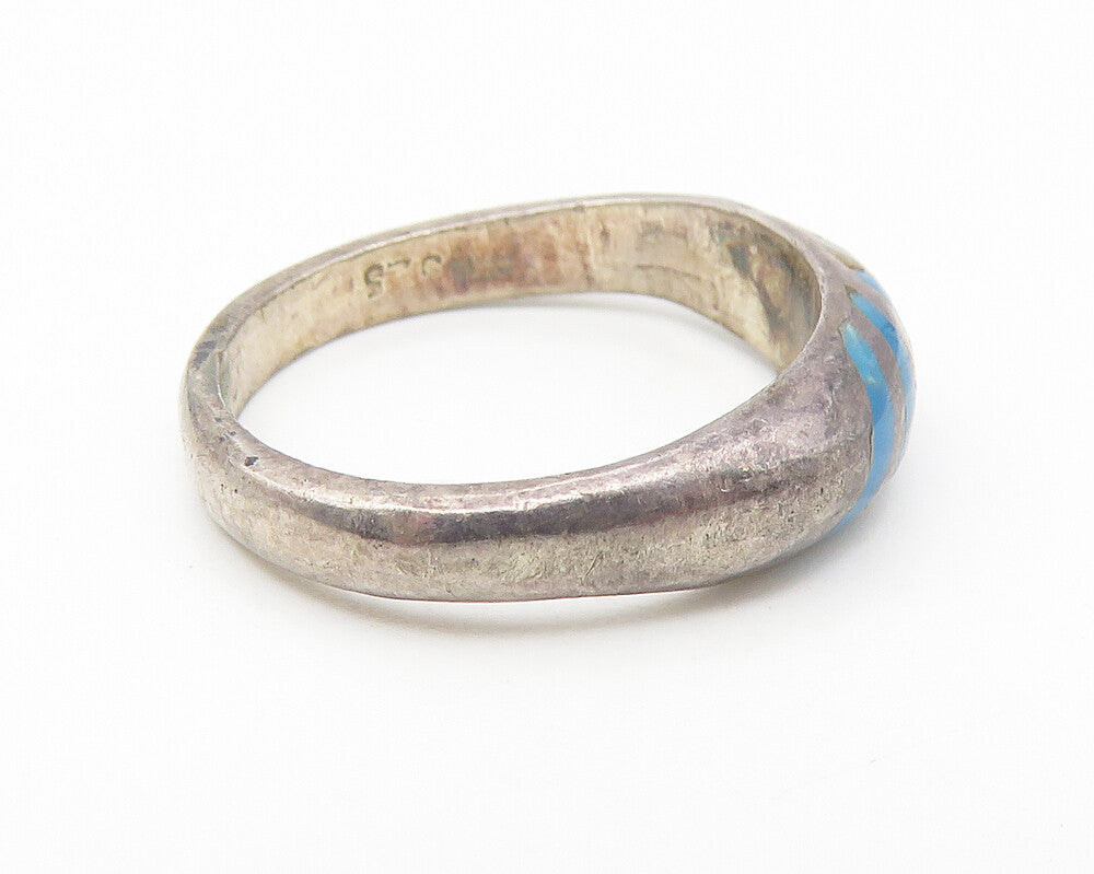 MEXICO 925 Silver  Vintage Inlaid Turquoise Striped Band Ring Sz 4.5  RG10778