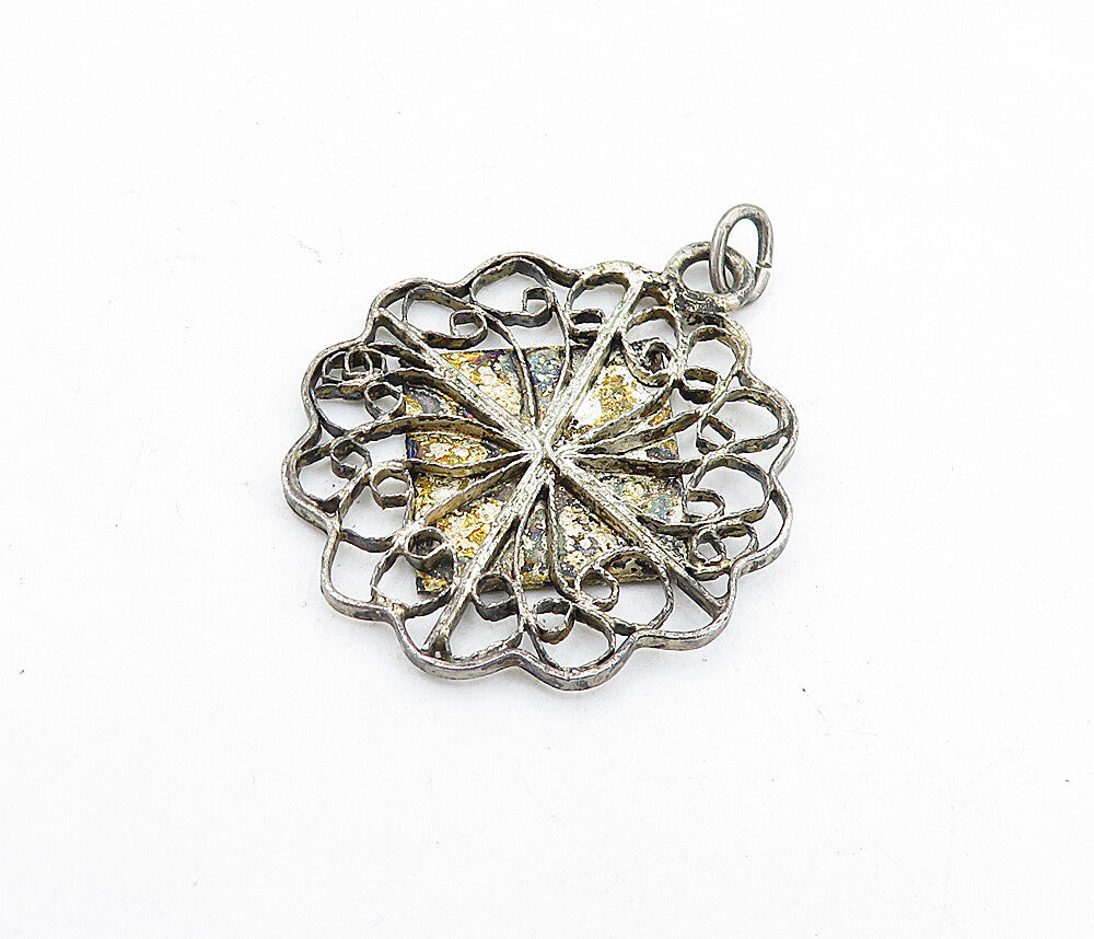 925 Sterling Silver  Vintage Antique Oxidized Etched Scene Pendant  PT3947