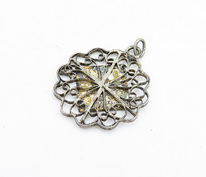 925 Sterling Silver  Vintage Antique Oxidized Etched Scene Pendant  PT3947