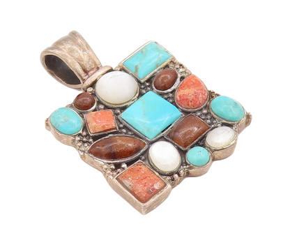 925 Sterling Silver Vintage Pendant Large Square Multi Stone Multi Shape PT23338
