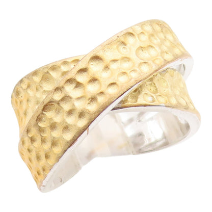 925 Sterling Silver Vintage Ring Two Tone Hammered Crossover Band  Sz 7  RG36089