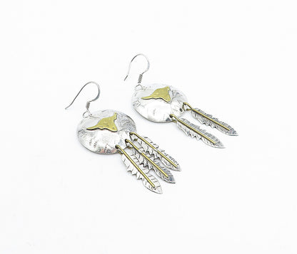 MEXICO 925 Sterling Silver  Vintage Two Tone Feather Dangle Earrings  EG2480