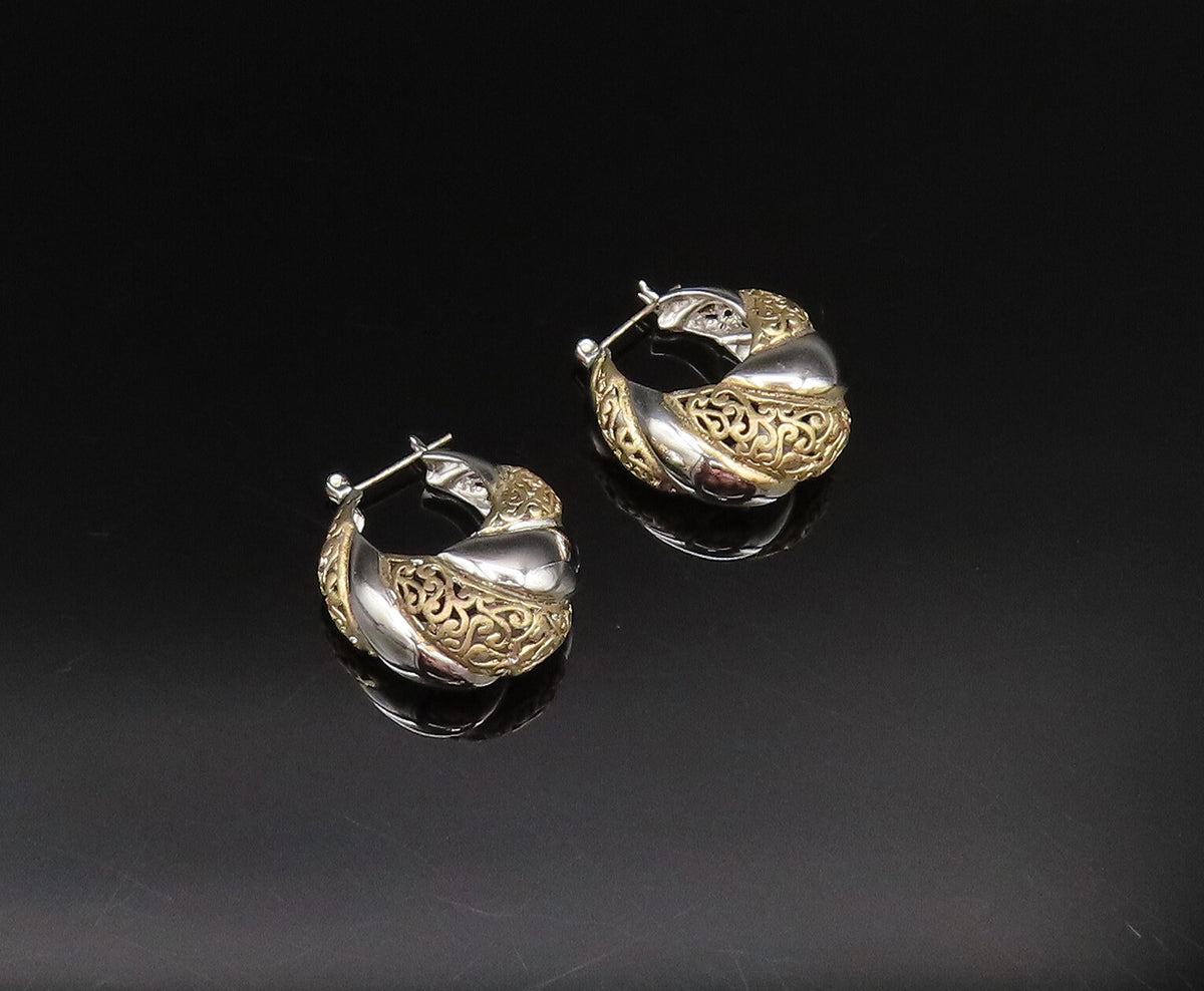 925 Sterling Silver Vintage Two Tone Openwork Scroll Hoop Earrings  EG11972