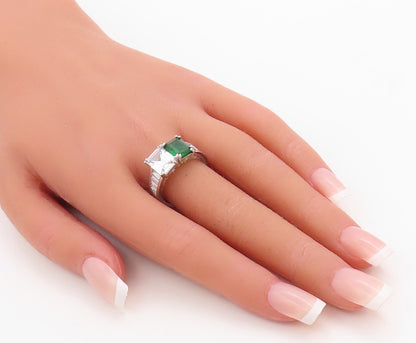925 Sterling Silver Vintage Ring Rectangle Cut Green & White CZ  Sz 7.5 RG30994